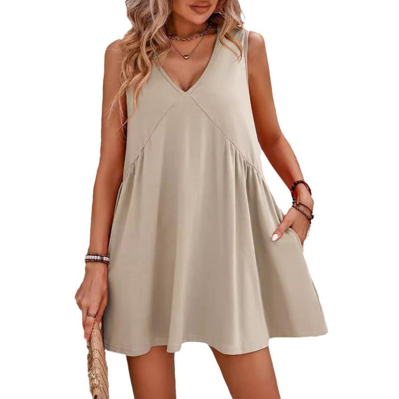 HS1673 Women's Summer V Neck Sleeveless Casual Loose Short Skirt - Flowy Holiday Dress boho  dress