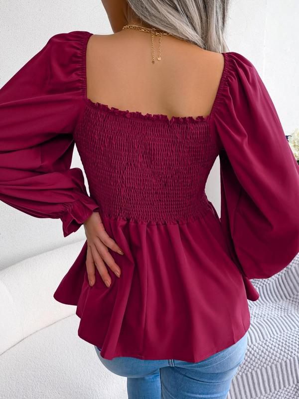  Women's Shirred Square Neck Chiffon Blouse, Chic Frill Trim Flounce Sleeve Peplum Top 2024 Fall, Back To School Going Out Tops, Comfort Ruffled Womenswear, Casual Outftit Ideas, Fall Outfits, Fallfreshness