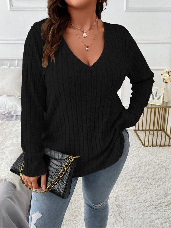  Solid V Neck Long Sleeve Tee, Casual Basic T-shirt for Fall & Winter, Women's Clothing for Daily Wear, 2000s Vintage Tops, Winter Clothes Women, Fall Clothing Women, Plus Size Clothing,