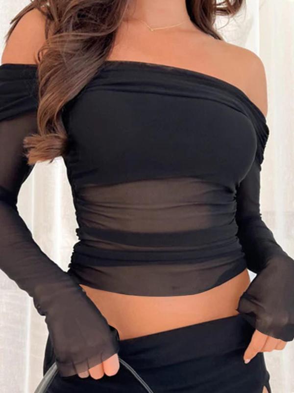 Women's Off Shoulder Ruched Sheer Mesh Top, Sexy Fashion Long Sleeve Top for Daily Wear, Ladies Clothes for All Seasons, Fall Clothes