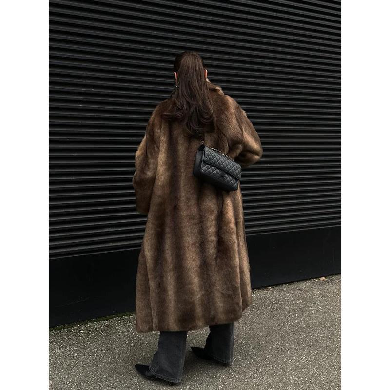 Women Retro Luxury Faux Fur Coat Fashion Lapel Single Breasted Long Sleeve Pockets Jacket Winter Plush Warm High Street Outwear