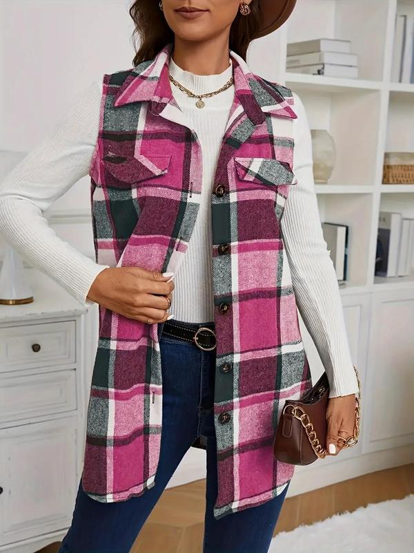 Women's Plaid Print Button Front Vest Jacket, Casual Sleeveless Collared Outerwear for Spring & Fall, Ladies Clothes for Daily Wear