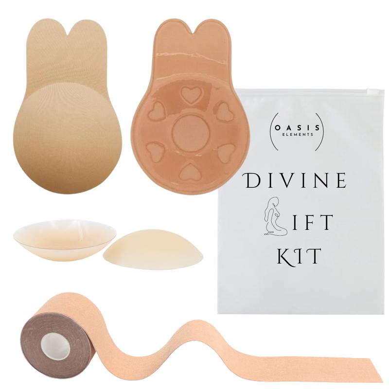 Divine Lift Kit - REUSABLE Sticky Bunny Bra with Boobtape and Reusable Silicone Nipple Covers - Breasts Coverage A-G Cup - Ultimate Breast Lift Set - Portable Travel Bag   Womenswear Seamless Women outfit enhancer Invisible Push-Up Skin Waterproof