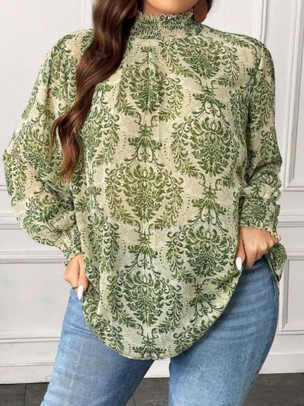  Ethnic Pattern Frill Trim Shirred Keyhole Back Blouse, Boho Bishop Sleeve Mock Neck Top for Fall & Winter, Women's Clothes for Daily Wear