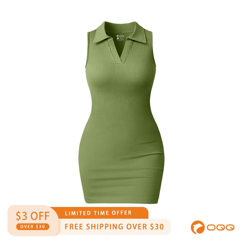 OQQfitness Womenswear sleeveless Short Dresses Lapel Small V Neck Tight Dresses-Summer Casual Wear