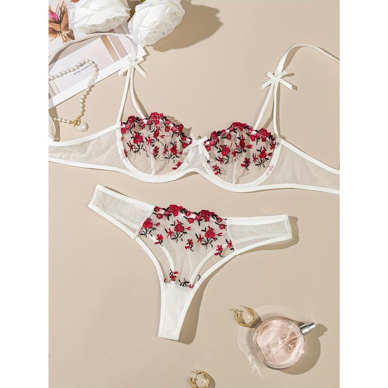 Sexy Floral Embroidery Lingerie Set - Women's Mesh Unlined Bra and Panty, Delicate Underwear for Romantic Nights - Soft, Breathable, and Comfortable