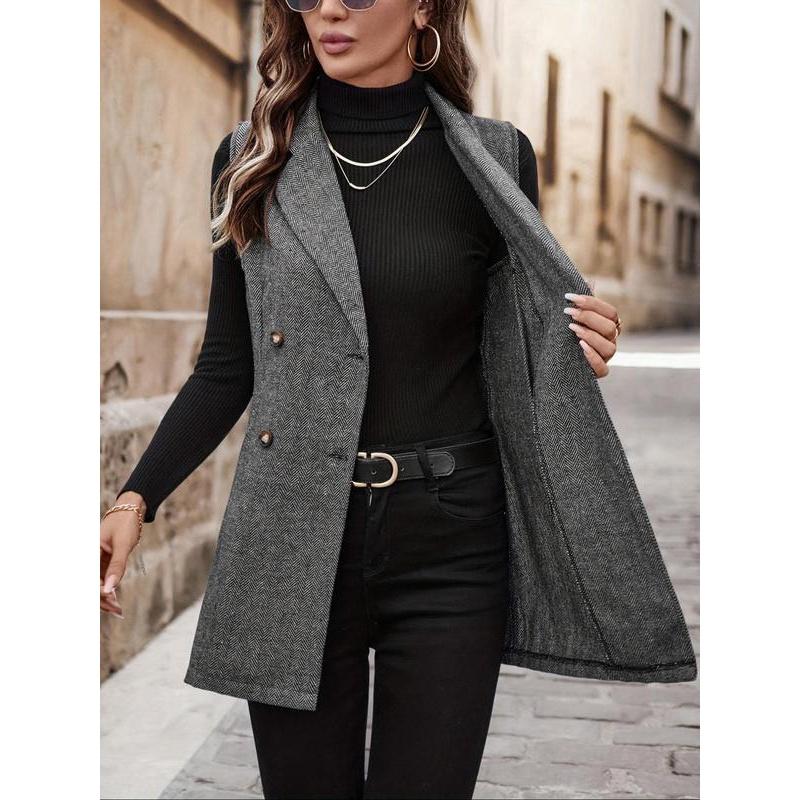 Women's All Over Herringbone Pattern Button Front Vest Blazer, Casual Lapel Neck Sleeveless Outerwear for Daily Wear, Ladies Clothes for All Seasons