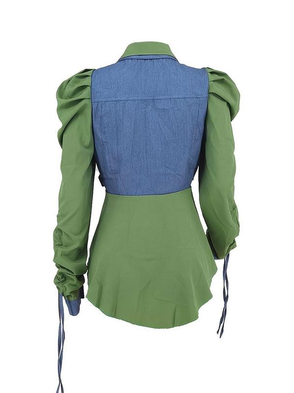 Women's Colorblock Ruched Knot Design Long Sleeve Button Front Blouse, Casual Leg-of-Mutton Sleeve Pocket Top for Spring & Fall, Women's Clothing