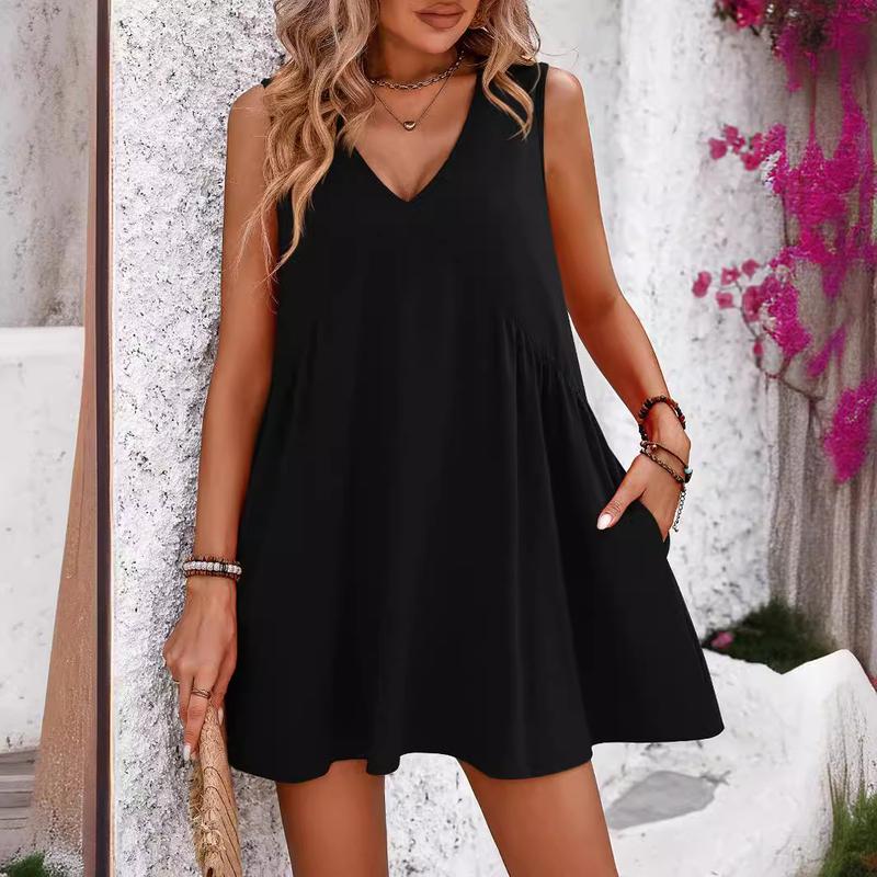 HS1673 Women's Summer V Neck Sleeveless Casual Loose Short Skirt - Flowy Holiday Dress boho  dress