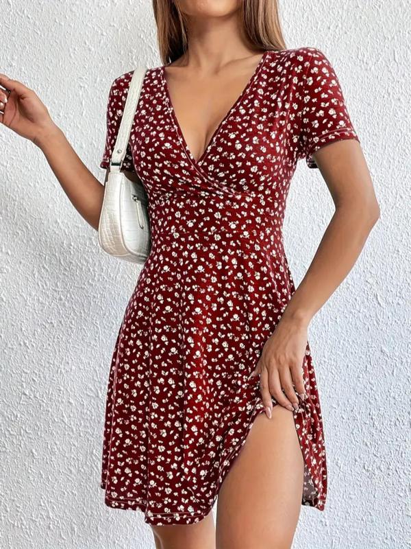 Women's Ditsy Floral Print Wrap A Line Vintage Dress, Boho V Neck Short Sleeve Dress for Daily Holiday Vacation Wear, Frenchy Style Summer Clothes Women, Ladies Dress