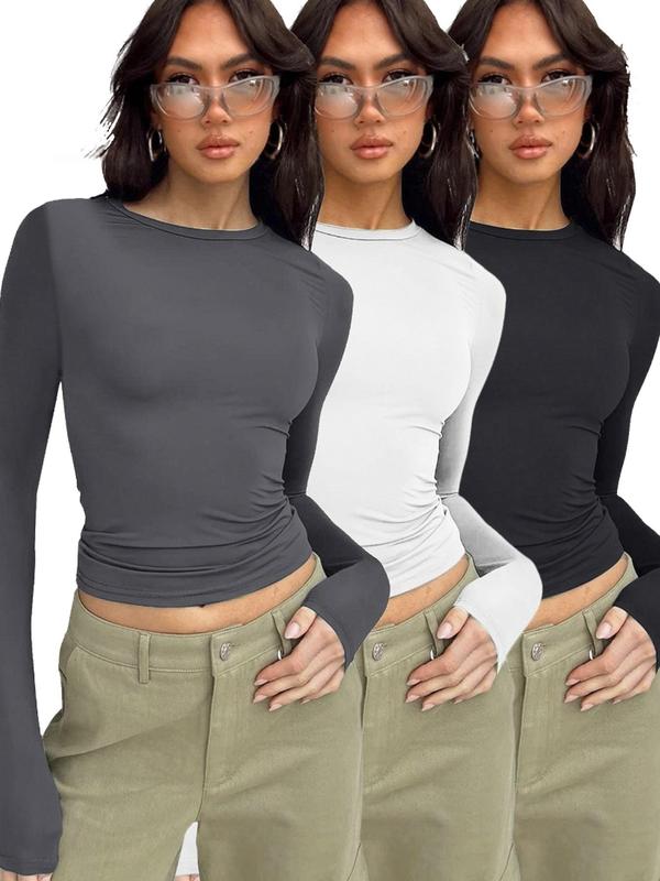 Women's Solid Long Sleeve Thermal Underwear, Casual Comfy Warm Crew Neck Top for Fall & Winter, Under Clothes, Women's Underwear for Daily Wear