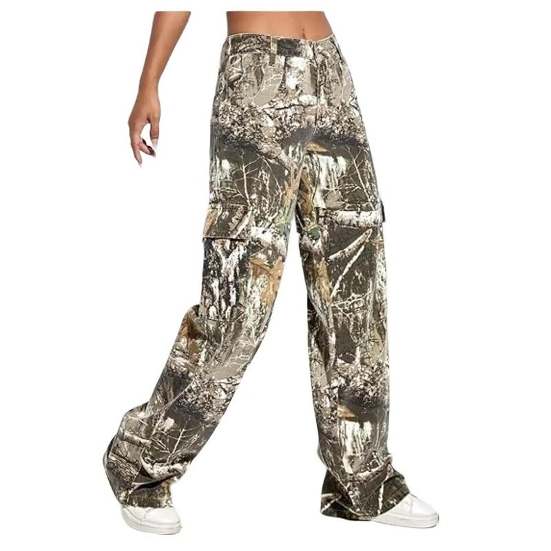 PINKYMOOR sports camouflage pants low waist wide leg pants workwear straight with pockets camouflage women's pants women's comfortable bottoms