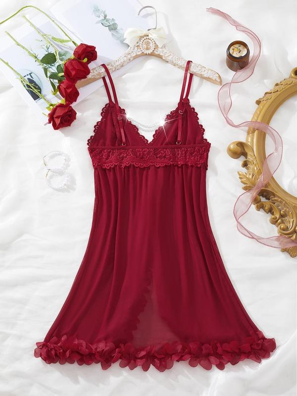 Women's Contrast Lace Bow Decor Backless Cami Nightdress, Sexy Adjustable Strap Split Hem Nightgown, Women's Lingerie & Underwear for All Seasons