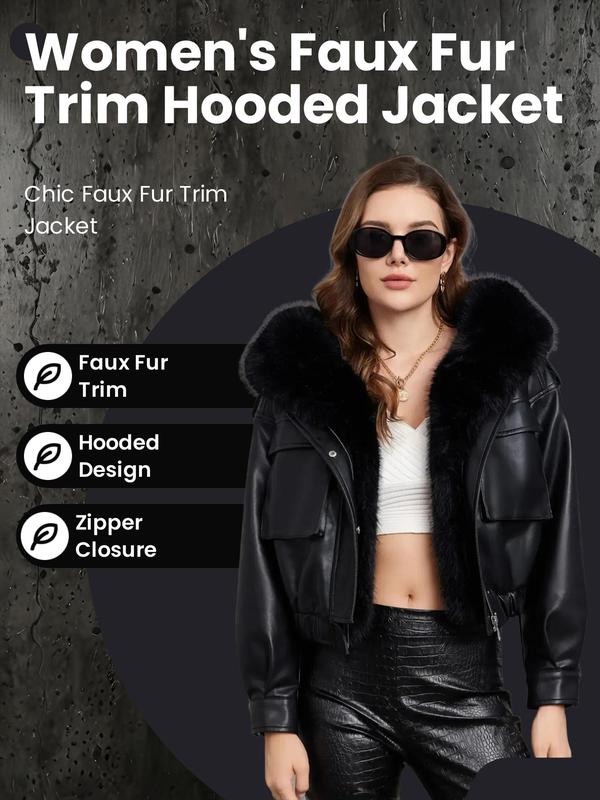 Women's Contrast Faux Fur Trim Hooded Jacket, Casual Long Sleeve Zipper Button Front Pocket Outerwear for Fall & Winter, Women's Clothing for Daily Wear, Fall Outfit Coats