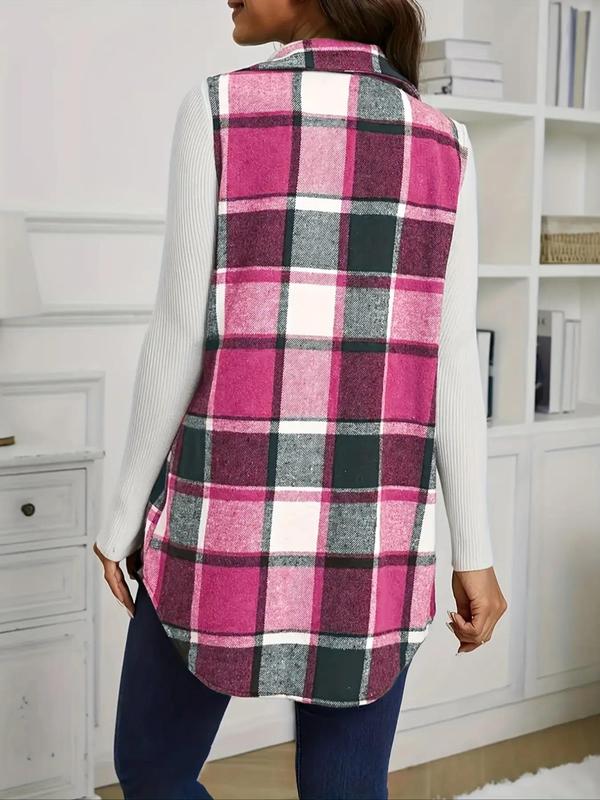 Women's Plaid Print Button Front Vest Jacket, Casual Sleeveless Collared Outerwear for Spring & Fall, Ladies Clothes for Daily Wear