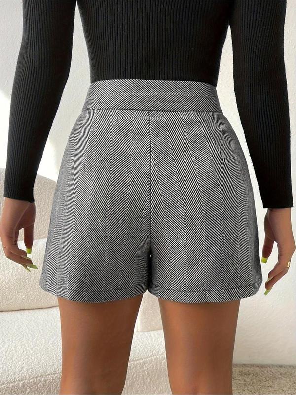 Women's Striped Print High Waist Shorts, Elegant Double Button Pocket Shorts for Daily Wear, Ladies Bottoms for All Seasons