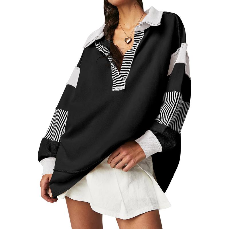 Women Oversized Patchwork Sweatshirt Lapel V Neck Collared Long Sleeve Polo Shirts Color Block Striped Pullover Tops