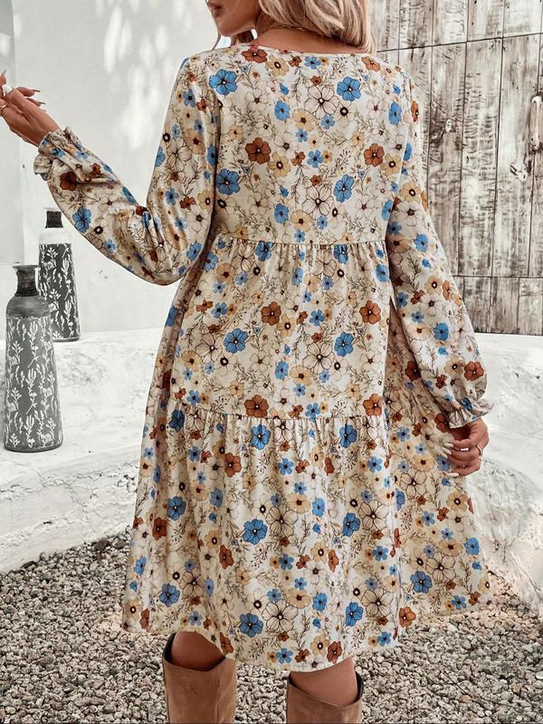 Women's Floral Print Ruffle Hem Smock Dress, Boho Fashion Long Sleeve Round Neck Knee Length Dress for Daily Holiday Vacation Wear, Ladies Dress for All Seasons