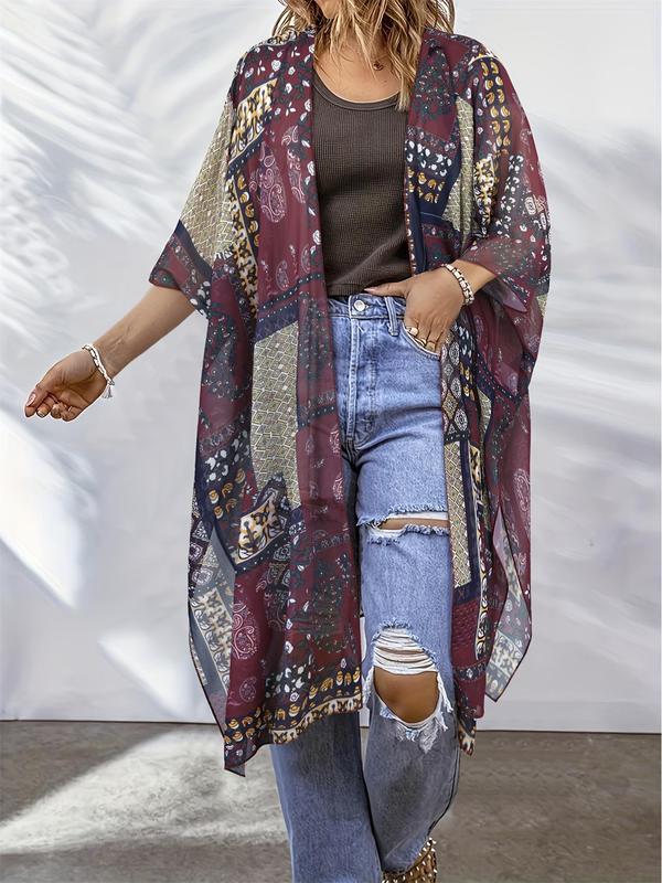 Plus Size Ethnic Pattern Asymmetrical Hem Kimono Cardigan, Boho Fashion Half Sleeve Open Front Outerwear for Summer, Women's Clothes for Daily Wear