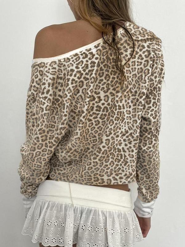 Women's Leopard Print Button Front Tee, Y2K V Neck Long Sleeve T-Shirt for Fall & Winter, Women's Clothes for Daily Wear