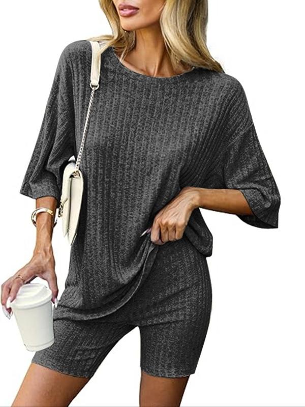 Women's Solid Loungewear Set, Casual Comfy Round Neck Half Sleeve T-Shirt & Modesty Shorts PJ Set, Ladies Sleepwear for All Seasons, Summer Wear 2024, 2 Piece Sets Women, PJ Sets for Women