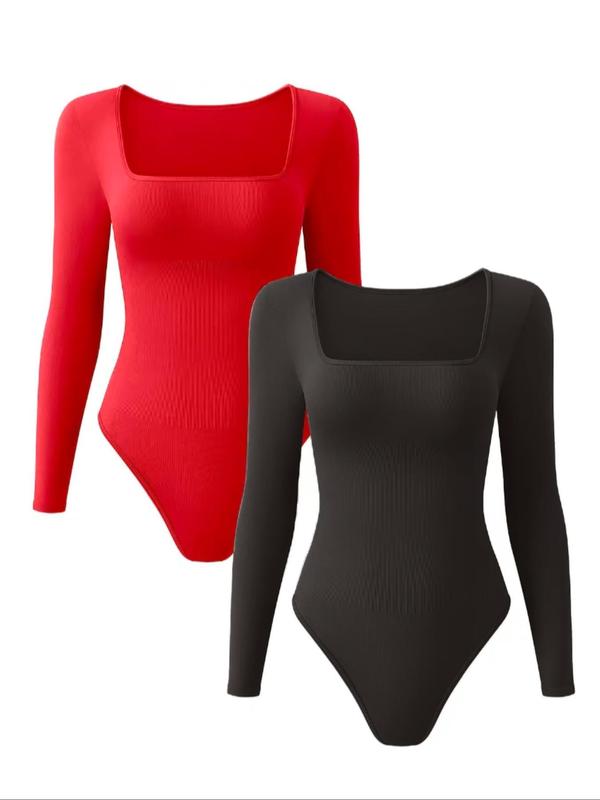 Women's Solid Long Sleeve Square Neck Ribbed Bodysuit, Fall Outfits, Casual Comfy Snap Closure Bodysuit for Daily Wear for Fall, Ladies Clothes for Fall, North West Body Suit