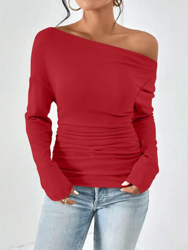 Women's Ruched One Shoulder Tee, Casual Drop Shoulder Long Sleeve T-shirt, Fall T Shirts for Women, Women's T Shirts, Women's Top for Dating Daily Wear