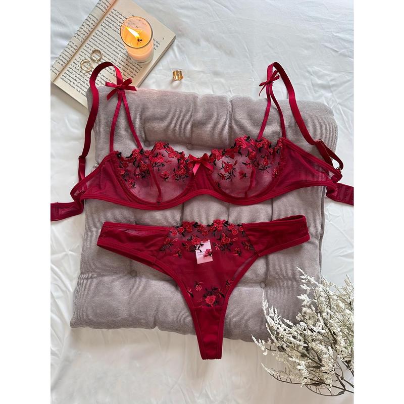 Sexy Floral Embroidery Lingerie Set - Women's Mesh Unlined Bra and Panty, Delicate Underwear for Romantic Nights - Soft, Breathable, and Comfortable