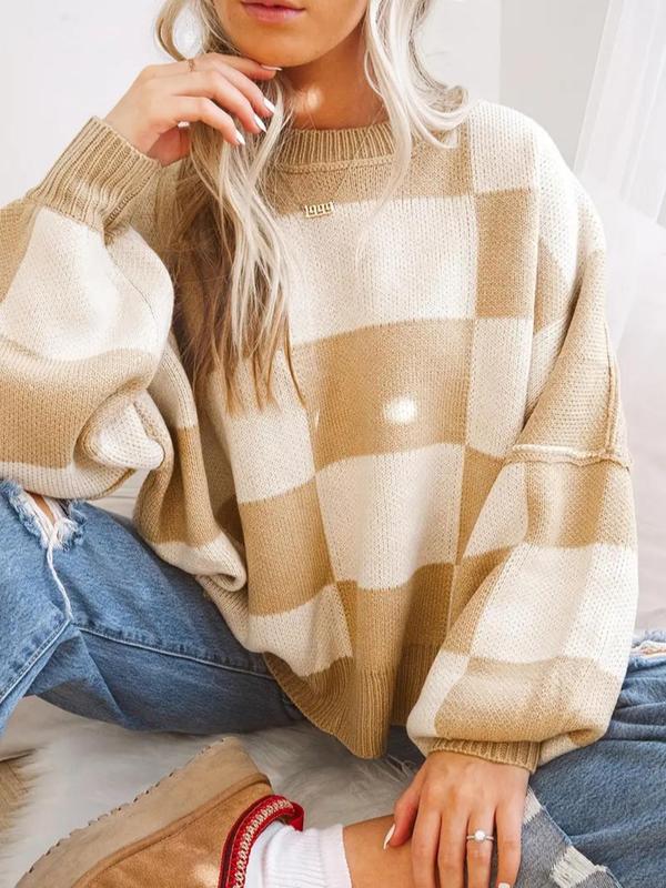 Women's Plaid Print Drop Shoulder Sweater, Casual Long Sleeve Round Neck Jumper for Fall & Winter, Fashion Ladies' Knitwear for Daily Back to School Wear