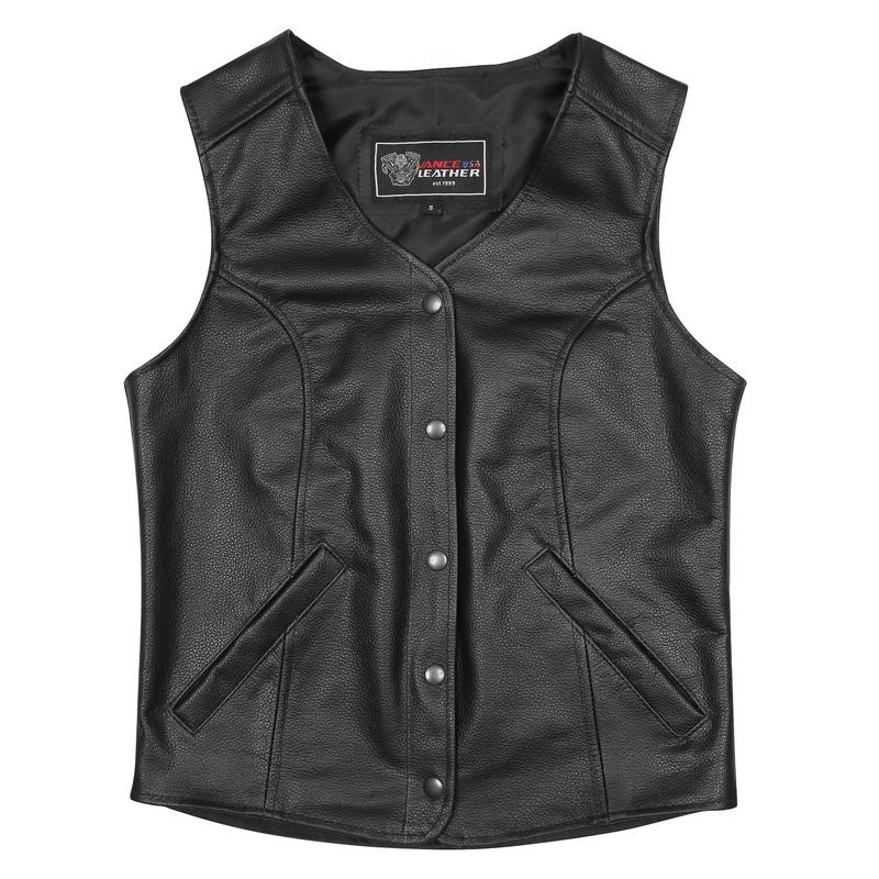 Womens Black Five Snap Lady Biker Leather Motorcycle Vest