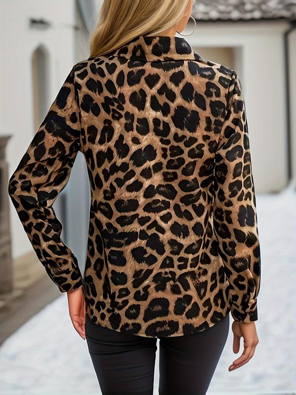 Women's All Over Leopard Print Button Front Shirt Collar Blouse, Elegant Long Sleeve Top for Spring & Fall, Going Out Tops, Ladies Clothes for Daily Wear