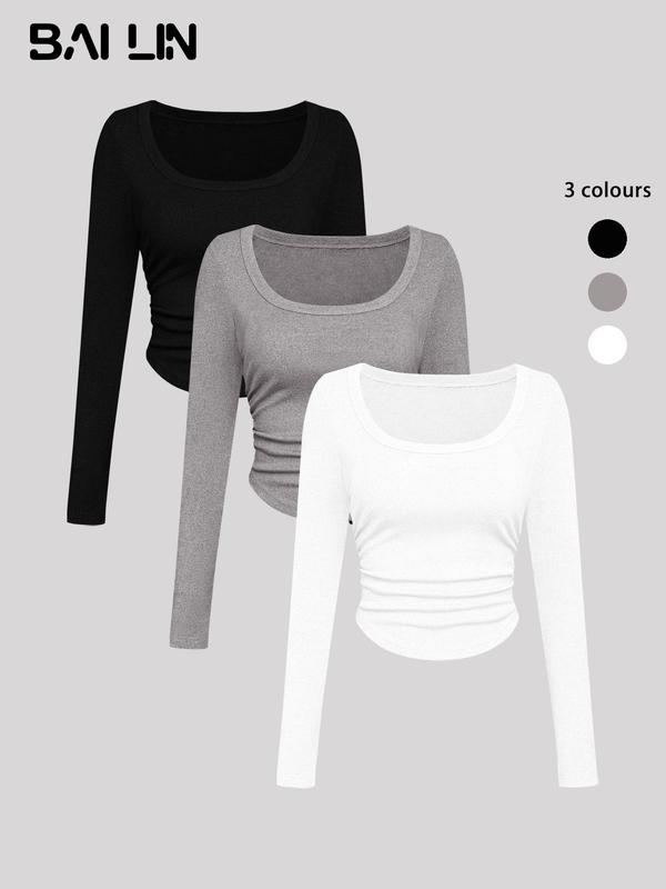 Women's Plain Ruched Scoop Neck Tee, Casual Tops, Long Sleeve T-shirt for Spring & Fall, Tee Shirts for Lady, T Shirts for Women, Ladies Clothes for Daily Wear, Summer Outfits 2024 Downtown Girl Clothes, Fall Outfits