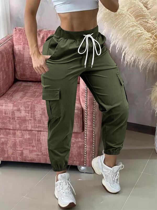 Women's Plain Drawstring Waist Cargo Pants, Casual Pocket Trousers for Daily Wear, Ladies Bottoms for All Seasons