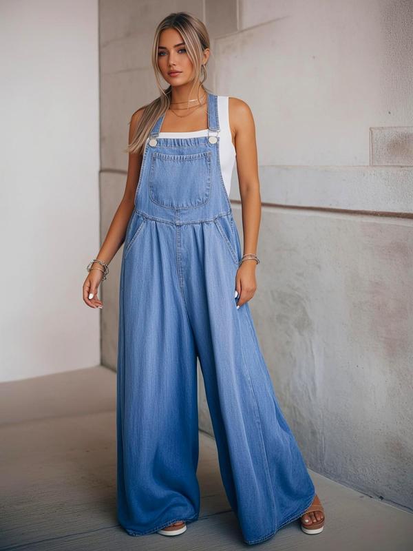 Women's Basic Denim-Effect Print Plicated Wide Leg Overalls Jumpsuit, Back To School Outfits, Lady Fashion Comfort Sleeveless Pocket Square Neck Overalls Jumpsuit, Strappy One-Piece Outfits, Womenswear, Preppy 80s Clothes