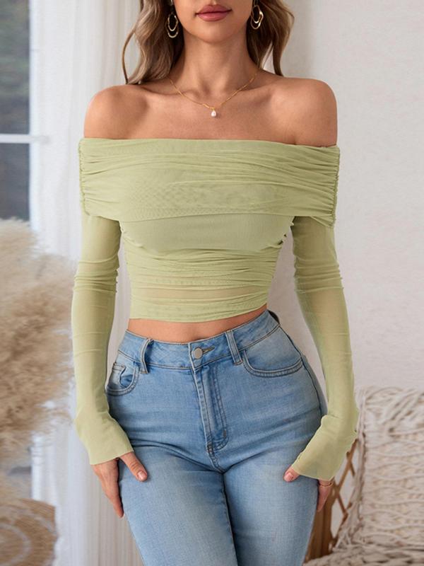 Women's Off Shoulder Ruched Sheer Mesh Top, Sexy Fashion Long Sleeve Top for Daily Wear, Ladies Clothes for All Seasons, Fall Clothes