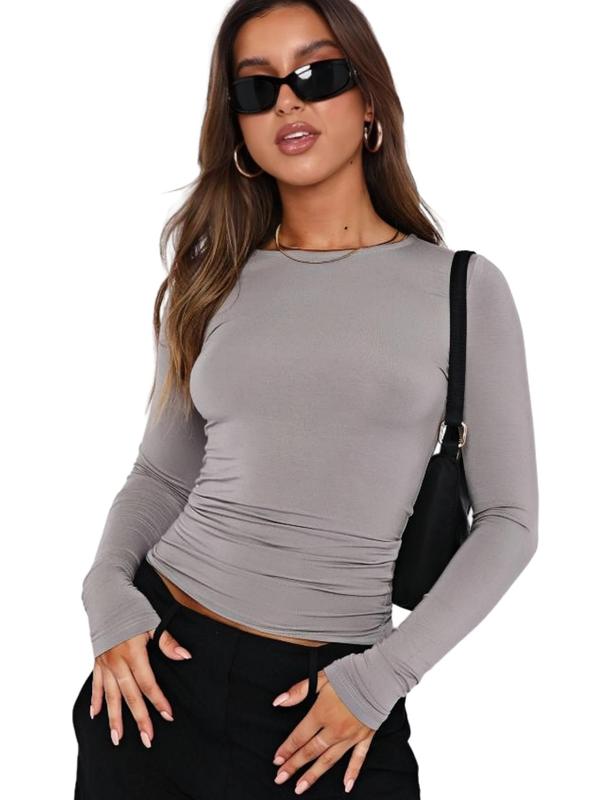 Women's Solid Long Sleeve Thermal Underwear, Casual Comfy Warm Crew Neck Top for Fall & Winter, Under Clothes, Women's Underwear for Daily Wear