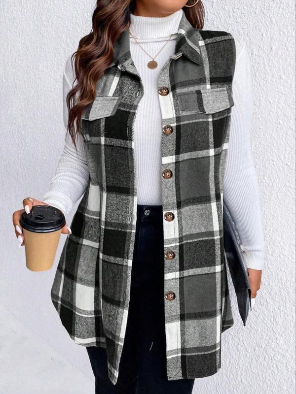  Plaid Print Button Front Pocket Vest Coat, Casual Sleeveless Collared Outerwear for Fall & Winter, Women's Clothes for Daily Wear