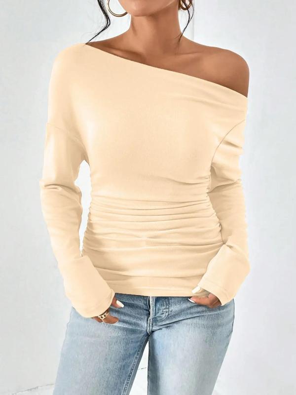 Women's Ruched One Shoulder Tee, Casual Drop Shoulder Long Sleeve T-shirt, Fall T Shirts for Women, Women's T Shirts, Women's Top for Dating Daily Wear