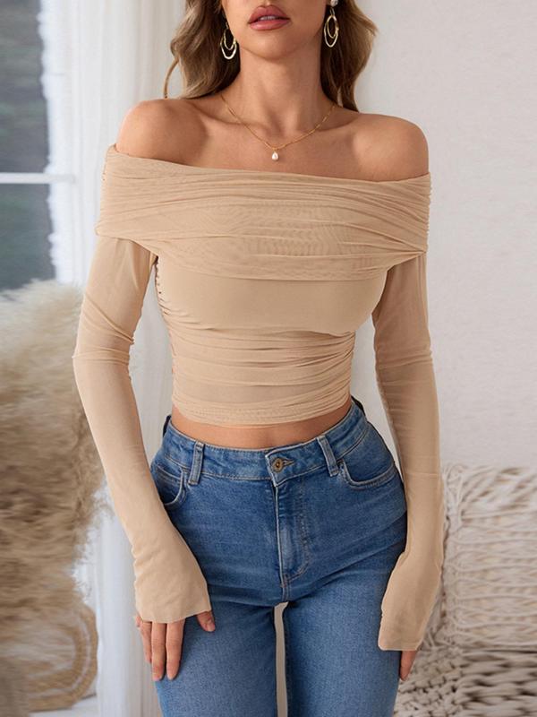 Women's Off Shoulder Ruched Sheer Mesh Top, Sexy Fashion Long Sleeve Top for Daily Wear, Ladies Clothes for All Seasons, Fall Clothes