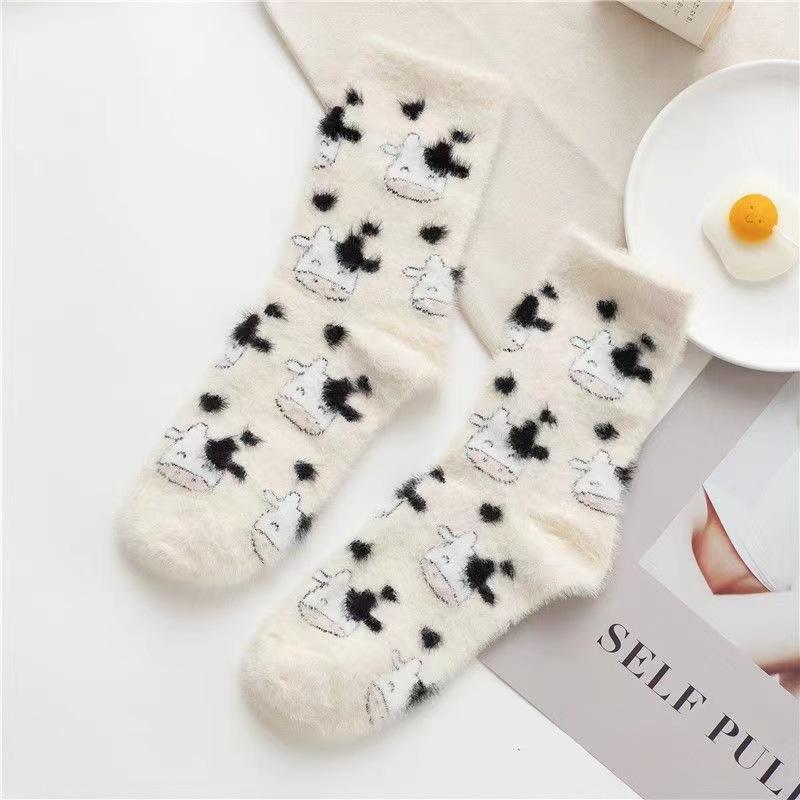 2 3 Pairs Cute Cow Fuzzy Socks, Women Warm Winter Slipper Soft Casual Cozy Fluffy Socks for Christmas Gift, Sleeping Thickened Plush Crew for Home