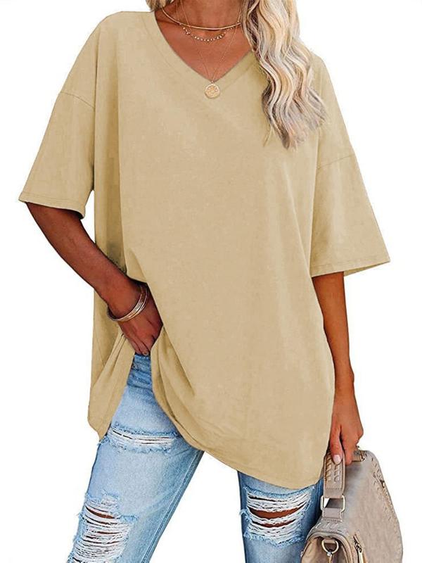  Solid Color Drop Shoulder Tee, Casual Half Sleeve V Neck T-shirt for Summer, Women's Clothing for Daily Wear