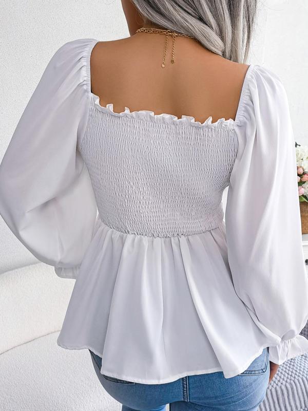  Women's Shirred Square Neck Chiffon Blouse, Chic Frill Trim Flounce Sleeve Peplum Top 2024 Fall, Back To School Going Out Tops, Comfort Ruffled Womenswear, Casual Outftit Ideas, Fall Outfits, Fallfreshness