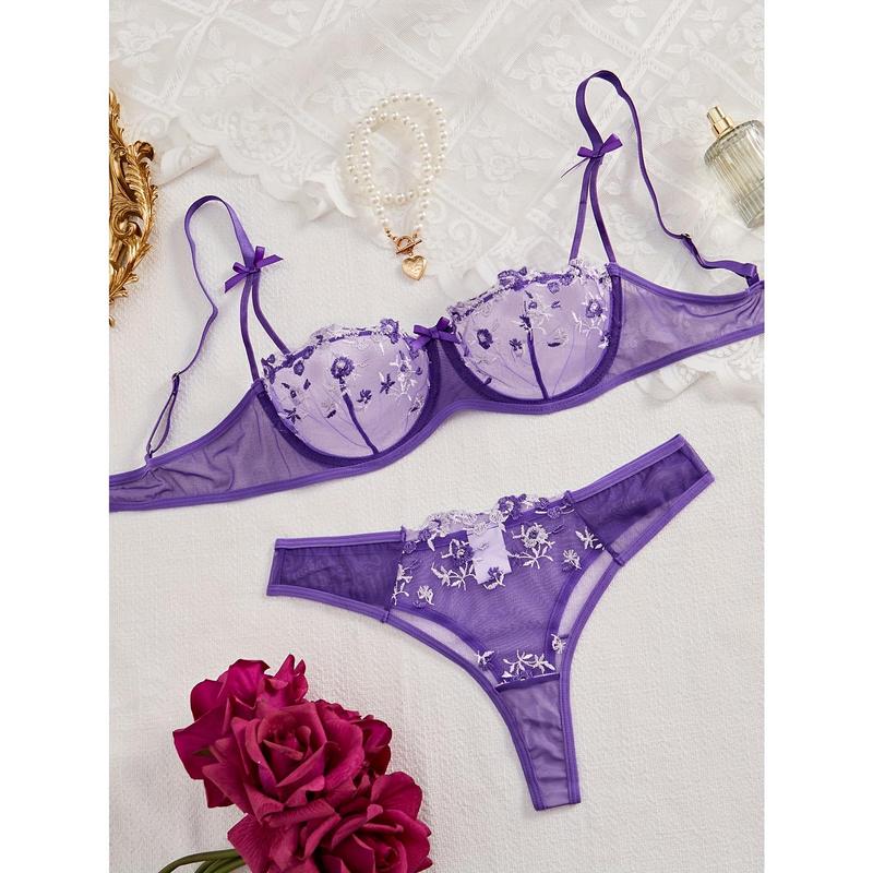 Sexy Floral Embroidery Lingerie Set - Women's Mesh Unlined Bra and Panty, Delicate Underwear for Romantic Nights - Soft, Breathable, and Comfortable