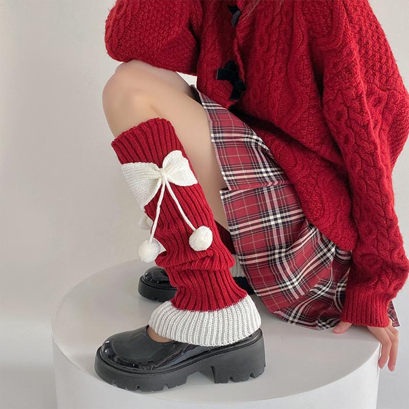 Women Christmas Leg Warmers Cute Bows Winter Knee High Socks Aesthetic Boot Cuffs for Streetwear Clothes Accessories