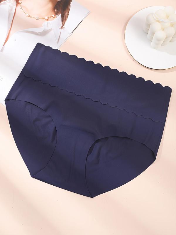 Women's Solid Scallop Trim High Waist Knicker, Soft Comfy Breathable Seamless Panty for Daily Wear, Underwear for All Seasons