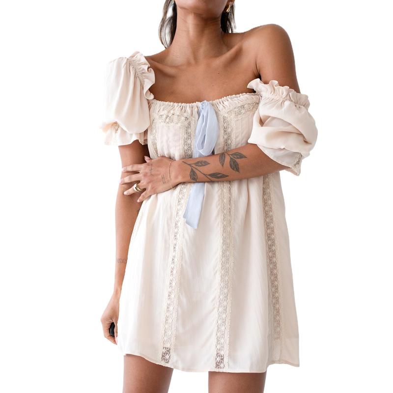 Women Y2k Nightgown Short Puff Sleeve Flowy Babydoll Dress Cute Square Neck Ruffle Dress Sleepwear