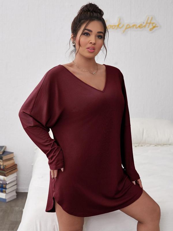 Plus Size Plain V Neck Drop Shoulder Nightdress, Casual Comfy Long Sleeve Nightgown for Women, Women's Sleepwear for Summer