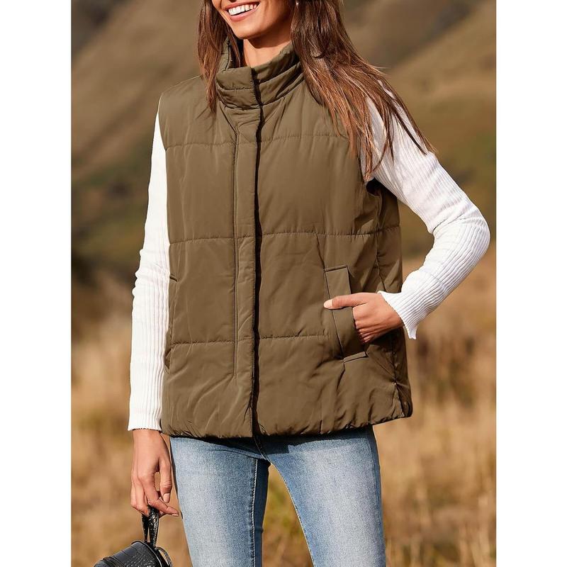 Fisoew Womens Puffer Vest Zip Up Stand Collar Warm Padded Gilet Sleeveless Coats with Pockets