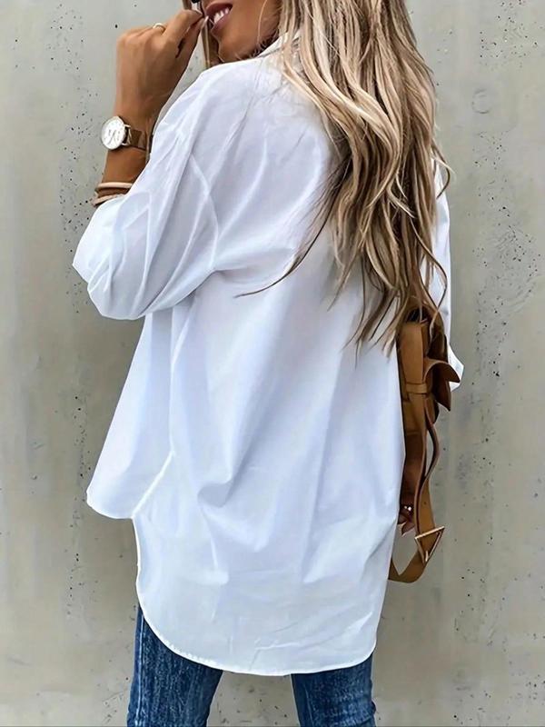 Women's Plain Button Front Pocket Shirt, Casual Drop Shoulder Long Sleeve Top for Spring & Fall, Ladies Clothes for Daily Wear