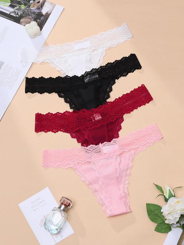 Women's Back To School Bow Front Contrast Lace Thong, Breathable Comfortable Knicker for Daily Wear, Fall Wear 2024, Underwear for Women, Ladies Underwear for Fall